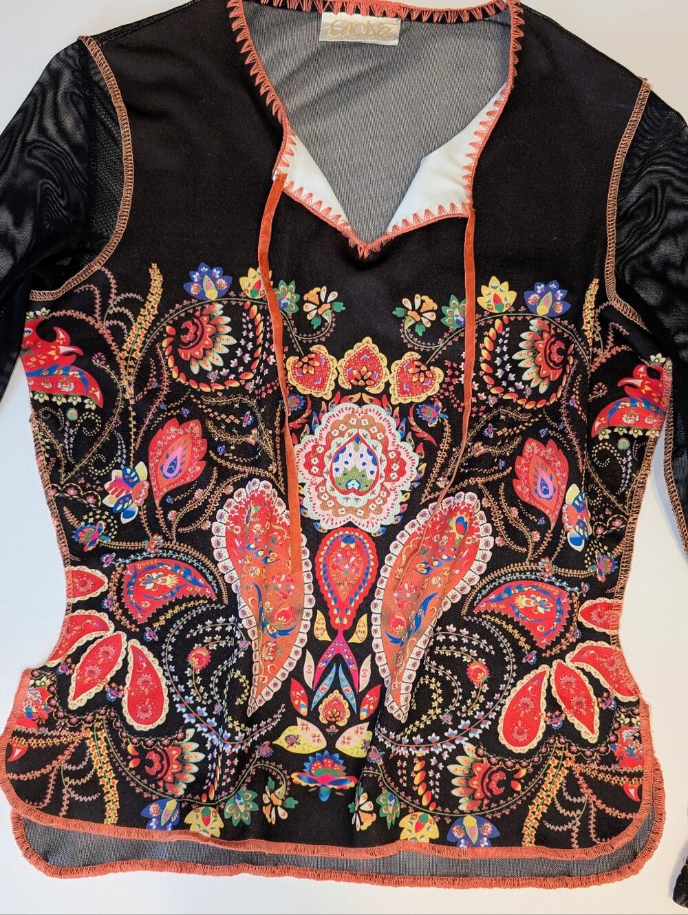 Cache Vintage Y2K 2000s Sheer Mesh Graphic Print Top Art to Wear Size Small